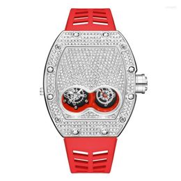 Muñecos de pulsera Pintimo original de lujo de lujo con diamantes con un reloj de oro rosa bling-ed Case de cuarzo de silicona roja para hombres 253h