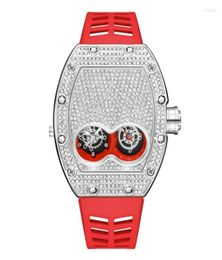 Montre-bracelets Pintime Original Luxury Full Diamond Iced Out Watch Bling Rose Gold Case Red Silicone Strap Quartz Corloge pour Men4821643