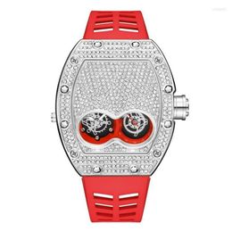 Relojes de pulsera Pintime Original Luxury Full Diamond Iced Out Watch Bling-Ed Caja de oro rosa Correa de silicona roja Reloj de cuarzo para hombres 217E