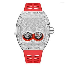 Horloges Pintime Originele Luxe Volledige Diamond Iced Out Horloge Bling-Ed Rose Gouden Kast Rode Siliconen Band Quartz Klok voor Men2764
