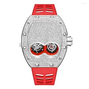 Polshorloges pintime originele luxe full diamant iced out horloge bling-ed roségouden kast rode siliconen band kwarts voor mannen 253H