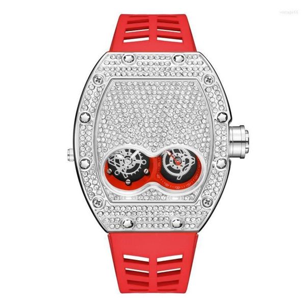 Montre-bracelets Pintime Original Luxury Full Diamond Iced Out Out Watch Bling-Ed Gold Case Red Silicone Strap Quartz Corloge pour Men264D