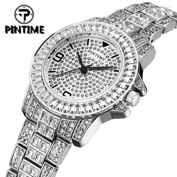 Montres-bracelets Pintime Quartz Montre Pour Hommes De Luxe Plein Diamant Glacé Hip Hop Sliver Rose Or Mens Montre-Bracelet Mâle Montre-Bracelet