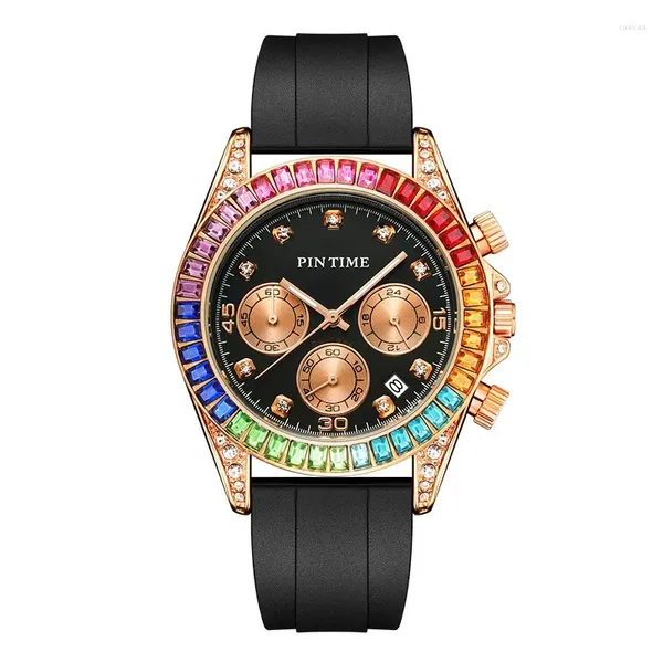 Montres-bracelets Pintime Montre pour hommes Iced Out Coloré Diamonds Case Bracelet en silicone Mode Sports Quartz Montre-bracelet étanche Relogios Hombre