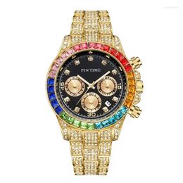 Montres-bracelets Pintime Montre pour hommes étanche 30m Mode Hip Hop Glacé Couleur Diamant Quartz Montre-Bracelet Lumineux Horloge De Luxe Relogios