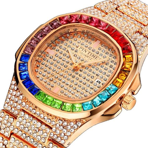 Relojes de pulsera Reloj PINTIME para hombres a prueba de agua 3ATM Bling Iced Out Caja de diamantes de colores Moda Reloj de pulsera de cuarzo Reloj de correa de acero inoxidable