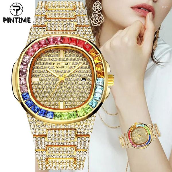 Montres-bracelets PINTIME Femmes Hommes Montre À Quartz De Luxe Plein Diamant Pierre Hip Hop Coloré Or Strass Montres Montre-Bracelet Mâle Glacé Sur