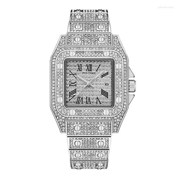 PINTIME Femmes Montres Iced Out Diamant Quartz Montre-Bracelet Étanche Carré Cas De Luxe Cadran Bracelet En Métal Calendrier Hip Hop