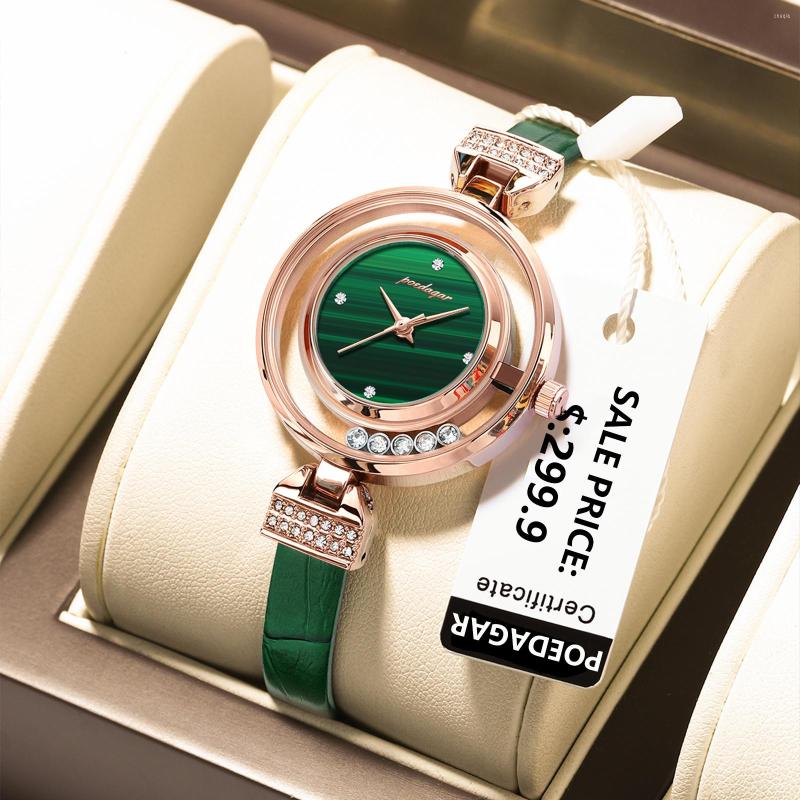 Polshorloges poedagar modehorloges voor vrouwen luxe lederen diamand jurk dames groen horloge hoogwaardige waterdichte doos reloj