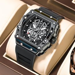 POEDAGAR Mode Horloge Top Luxe Casual Waterdicht Militair Lichtgevende Datum Uitgeholde Siliconen Band Heren Horloge Tonneau Wijzerplaat 230215