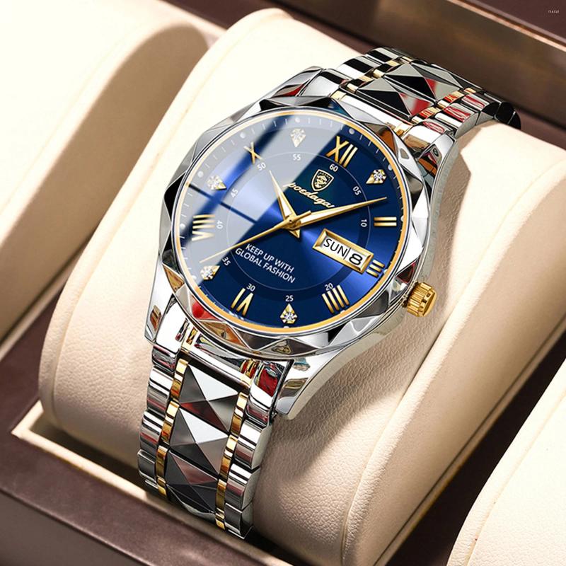 Wristwatches POEDAGAR Luxury Men Wristwatch Waterproof Luminous Date Week Watch For Man Stainless Steel Men's Watches Quartz Male Clock