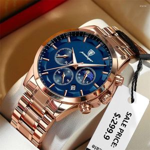 POEDAGAR Luxe Roestvrij Staal Rose Goud Blauw Quartz Horloge Heren Militair Waterdicht Lichtgevende Chronograaf Relogio Masculino