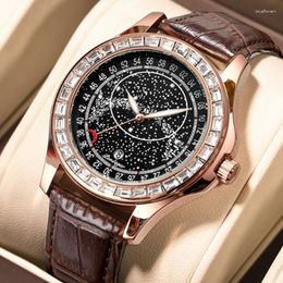 POEDAGAR herenhorloge mode luxe lederen quartz horloges sterrenhemel diamantstijl waterdicht lichtgevend sporthorloge voor