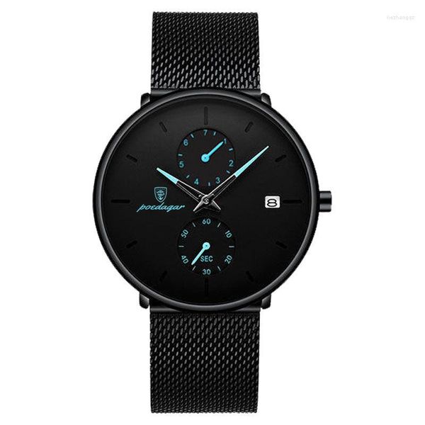 Relojes de pulsera POEDAGAR, reloj ultrafino para hombre, moda luminosa, resistente al agua, cuarzo, hombre, deporte, calendario, reloj, correa de malla