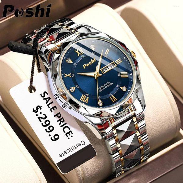 Montre-bracelets Poshi Watch Match Date Week Fashion Men Fashion Men d'origine imperméable non mécanique Luminal Dual Calendar Quartz Wristwatch