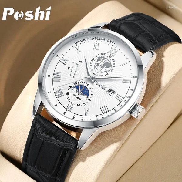 Montre-bracelets Poshi Top Brand Mens Watches Fashion Classic Quartz Wristwatch Luxury Calendar Week Affiche Man Watch Original Chronograph Original