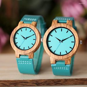 Polshorloges premium luxe blauw hout horloge kwarts polshorloge natuurlijke bamboe klokmode lederen valentijnsdag geschenken aan loversw