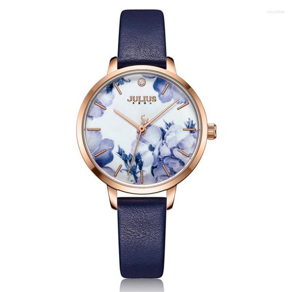 Relojes de pulsera con estampado de flores para mujer, reloj MIYOTA de cuarzo, reloj de moda para mujer, pulsera de cuero Real, cumpleaños de niña Julius