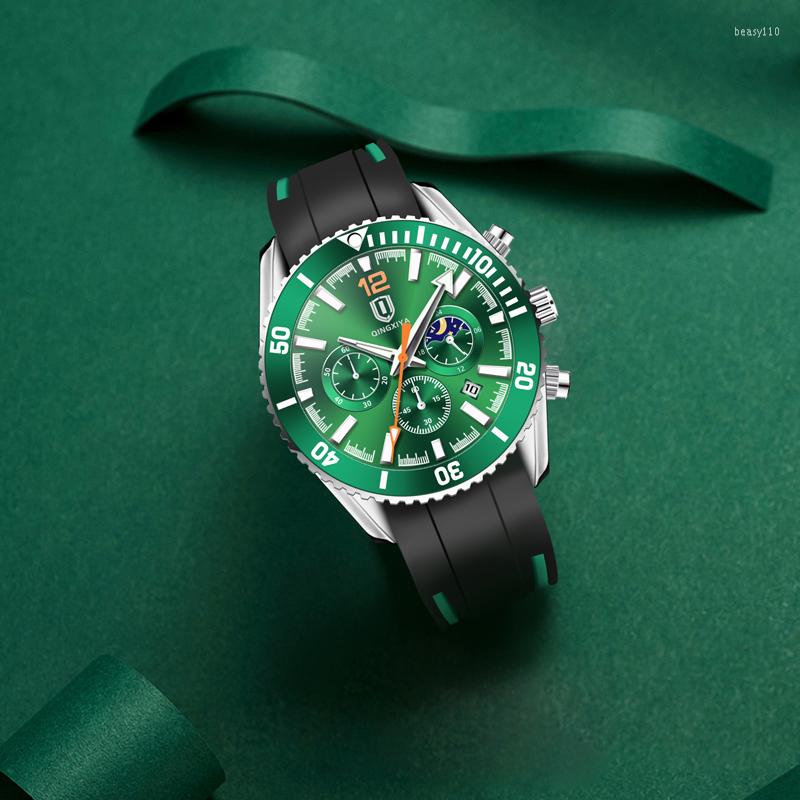 Нарученные часы Qingxiya Мужчины кварцевые часы для моды Multifunctional Green Water Dial Trend Тенденция
