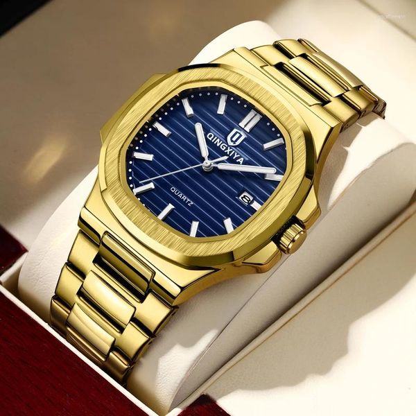Montres-bracelets Qingxiya Montres pour hommes Top Gold Blue Quartz Montre pour hommes en acier inoxydable Calendrier lumineux étanche