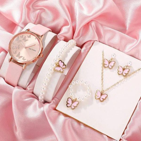 Montres-bracelets Mouvement à quartz Montre Set Papillon Pendentif Bijoux avec fausses perles Accents Bracelet Collier Boucles d'oreilles Bague réglable