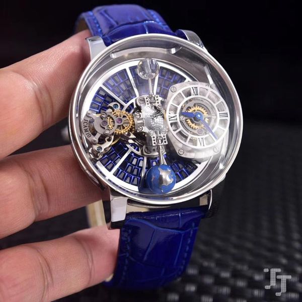 Relojes de pulsera Cuarzo Plata Reloj para hombre Runway Diseñador europeo Cuero azul Tourbillion Zafiro Bola Cristal Diamante