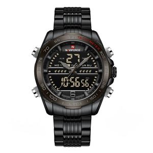 Relojes de pulsera Reloj de cuarzo para hombres Pantalla dual Deportes digitales de lujo Tiempo impermeable Moda Luminoso Banda de acero Reloj Hombre NF9195 230905