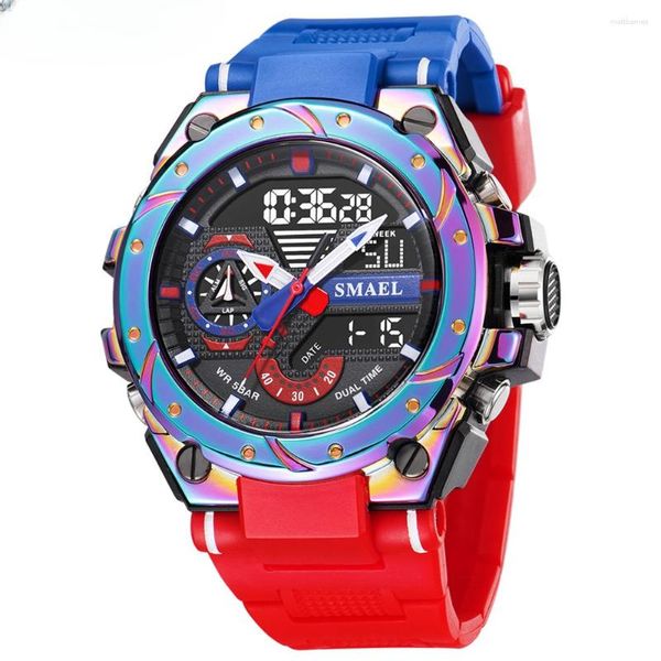 Relojes de pulsera Reloj de cuarzo para hombres Watcholorful Pulsera roja 50M Reloj despertador impermeable Digitales analógicos 8060 Relojes deportivos