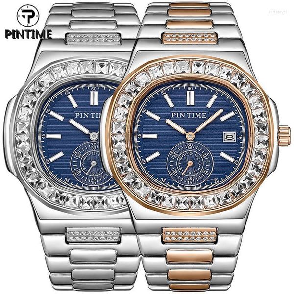 Montres-bracelets Montre À Quartz Hommes De Luxe Plein Diamant Pierre Cas Côté Hip Hop Strass Montres Montre-Bracelet Mâle Glacé Or Cadran ClockWristwa