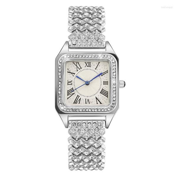 Relojes de pulsera Relojes de cuarzo para mujer Banda de acero Creativo Pequeño bloque con incrustaciones de diamantes Moda Ocio Tendencia