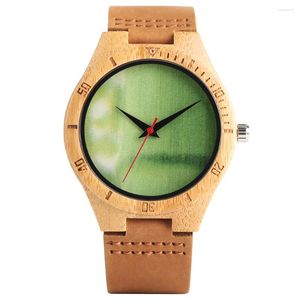 Horloges Kwarts houten horloge voor heren Groene wijzerplaat zonder cijfer Horloges Boyfriend lederen band met pingesp Polshorloge