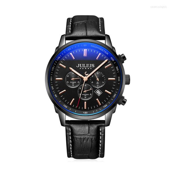 Montres-bracelets Véritable chronographe multifonctions Montre pour homme Heures Japon Mov't Business Cuir Sport Garçon Cadeau d'anniversaire Julius Box