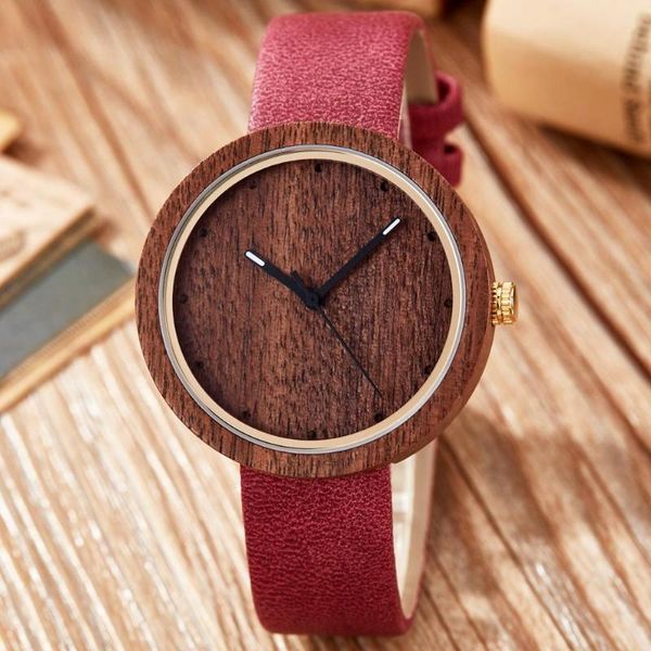 Relógios de pulso com mostrador de madeira real masculino feminino relógio de pulso casual rosa vermelha sândalo madeira de bambu relógios masculino feminino pulseira de couro marrom relógio