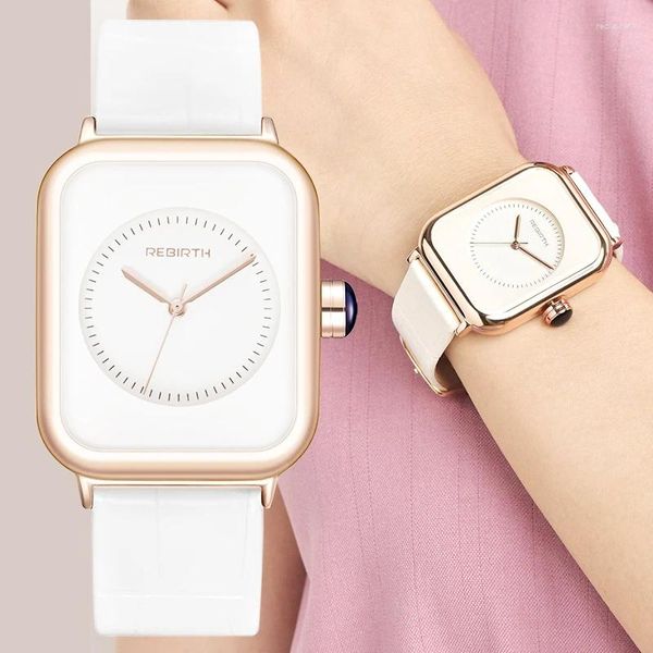 Mujeres de pulsera Rebirth Fashion Waterns Watches 2024 White Leather Minimalista Damas de cuarzo Vestido de pulsera Relogio Feminino Montre Femme