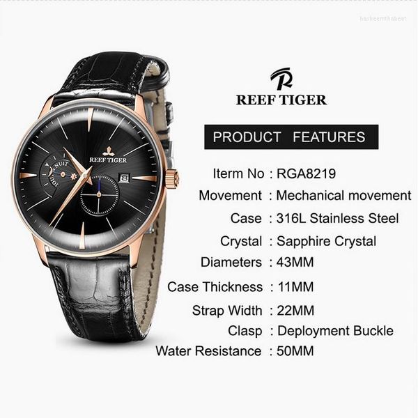 Relojes de pulsera Reef Tiger Relojes automáticos para hombre Reloj de moda masculino de lujo Reloj de pulsera mecánico ultrafino Espejo de burbuja Correa de cuero RGA8219