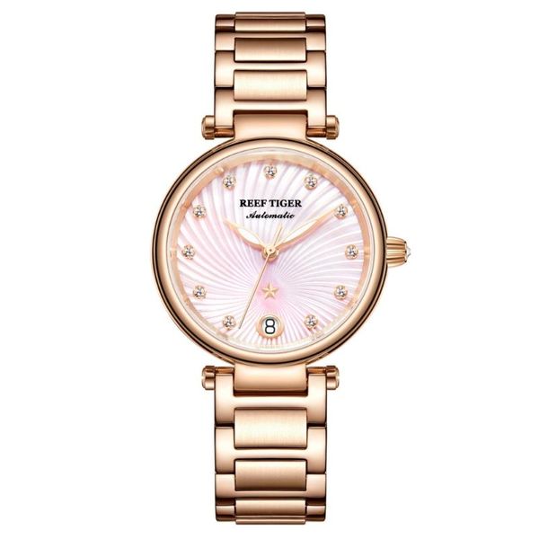Relojes de pulsera Reef Tiger RGA1590 Mujer Lujo Austria Cristal Escala Zafiro Espejo Señora Automático Meachanical Relojes de pulsera - Rosegold