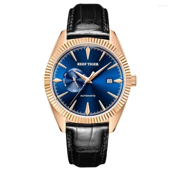 Montres-bracelets Reef Tiger RGA1616 Hommes Mode Business Robe Classique Bracelet En Cuir De Veau Automatique Automatique Mécanique Analogique Montre-Bracelet-Rosegold