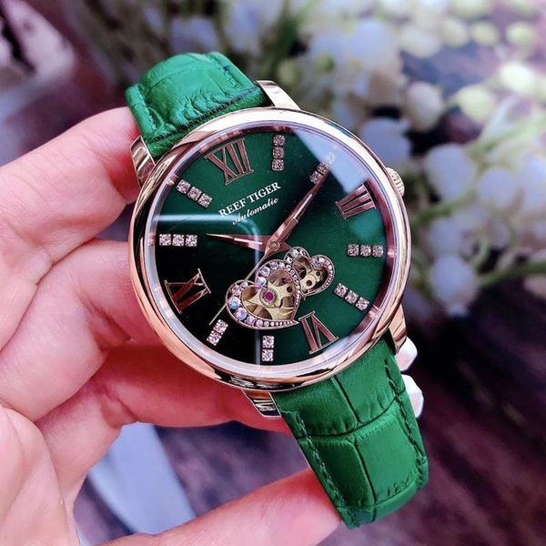 Relojes de pulsera Reef Tiger/RT 2023, diseño de moda para mujer, reloj de pulsera de cuero mecánico automático con esfera verde y oro rosa para mujer