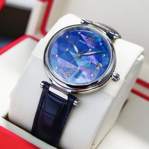 Relojes de pulsera Reef Tiger / RT Diamonds Automático Cuero Top Band Moda Mujer Caja de acero inoxidable Relojes de lujo para mujer RGA1584