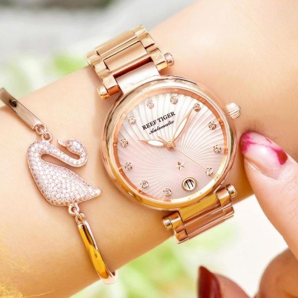 Montres-bracelets Reef Tiger/RT Montres automatiques de luxe pour femmes Or rose Diamant Cadran blanc Dames Bracelet Horloge RGA1590
