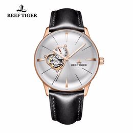 Polshorloges Reef Tiger/RT Luxe casual horloges met echte lederen band Rose Gold Tourbillon Convex Lens RGA8239