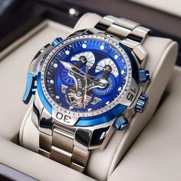 Montres-bracelets Reef Tiger/RT Hommes Multifonction Sport Montre Mécanique Calendrier Date Compliqué Cadran Bleu Automatique Horloge Étanche