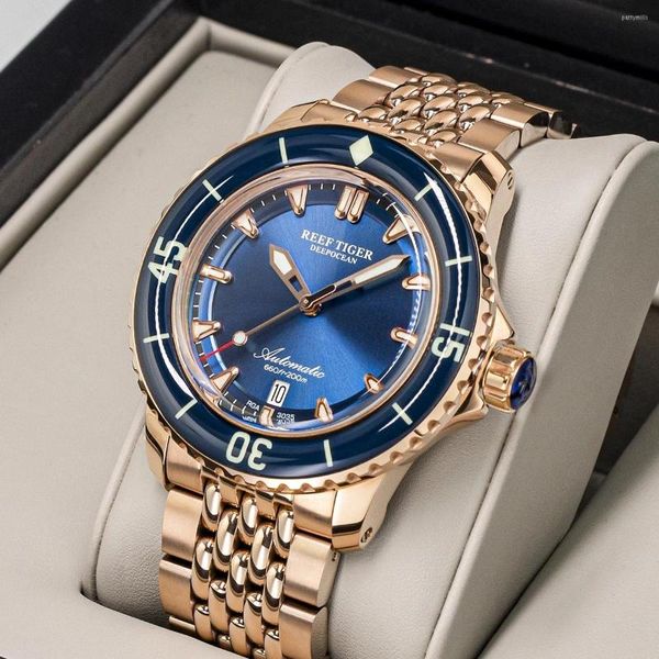 Montres-bracelets Reef Tiger/RT Hommes Saphir Verre Montre Rose Cadran Bleu Date Super Lumineux Étanche 200M Montres Mécaniques Automatiques