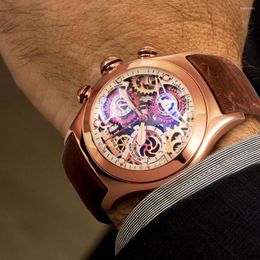 Relojes de pulsera Reef Tiger/RT Relojes deportivos para hombre Oro rosa Esqueleto de cuarzo luminoso Banda de cuero genuino RGA792