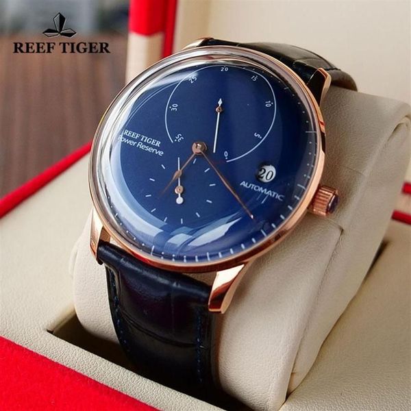 Relojes de pulsera Reef Tiger RT Diseño de reserva de energía Dial azul Reloj mecánico Correa de cuero genuino de lujo Impermeable para hombre Automático286F