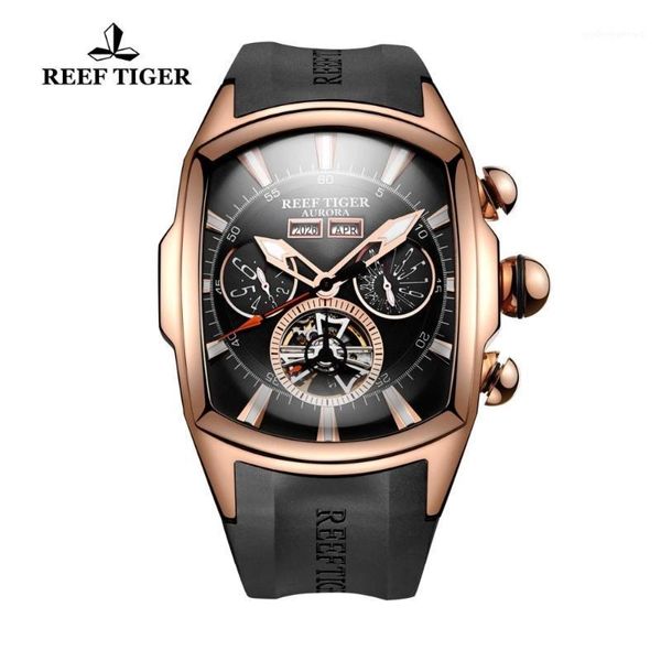 Montres-bracelets Reef Tiger/RT Bracelet en caoutchouc Or rose Montres de sport Tourbillon pour homme Montre mécanique automatique analogique Calendrier complet Horloge