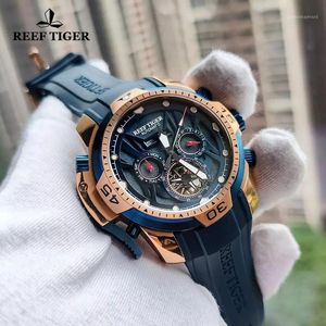 Montres-bracelets Reef Tiger / RT Bracelet en caoutchouc Sport Hommes Montre mécanique automatique étanche lumineuse Calendrier perpétuel Montres Tourbillon Horloge