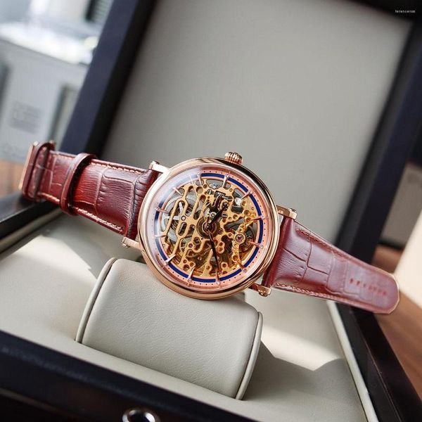 Relojes de pulsera Reef Tiger/RT Relojes de negocios vintage para hombres Reloj automático esqueleto en tono oro rosa Correa de cuero marrón RGA1917