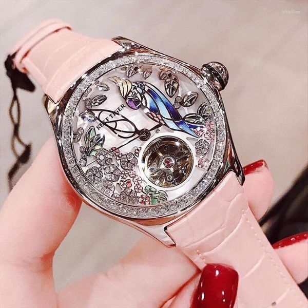 Relojes de pulsera Reef Tiger / RT Relojes de moda de lujo para mujer Diamantes impermeables Esfera rosa Tourbillon automático RGA7105Relojes de pulsera Iris22