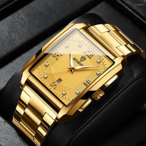 Horloges Relogio Masculino 2023 Luxe Diamant Vierkant Gouden Horloge Heren Roestvrij Staal Waterdicht Kalender Casual Zakelijk